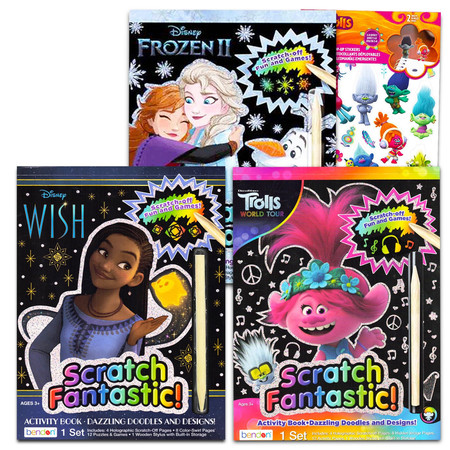 Assorted Scratch Art for Girls Toddlers -- 3 Scratch Books for Kids Featuring Disney Frozen, Trolls, and Shimmer and Shine with Trolls Sticker Pack (Reveal Books for Kids)