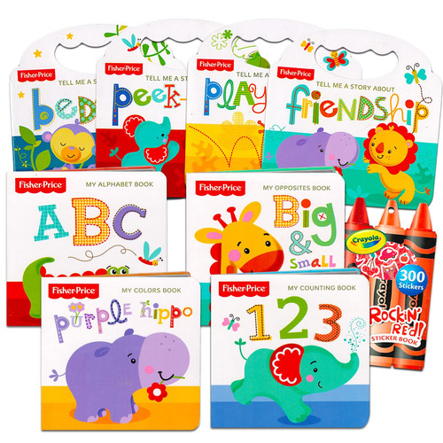 Fisher Price Board Books Ultimate Bundle Set for Babies, Toddlers - Pack of 8 Early Learning Board Books Featuring Colors, Numbers, Opposites, and More Plus Bonus Reward Stickers