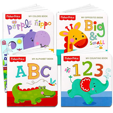 Fisher Price Board Books Bundle Set for Kids Toddlers -- Pack of 4 My First Early Learning Board Books with Door Hanger (Alphabet, Numbers, Colors, and Opposites)