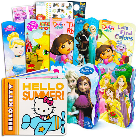 Bulk Board Book Set for Toddlers, Girls - 11 Pc Storybook Bundle with Frozen, Disney Princesses, Hello Kitty, My Little Pony, More Plus Stickers and Tattoos (Board Book Collection)