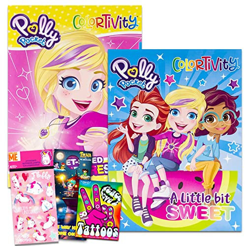 Polly Pocket Coloring Book Set for Kids - 2 Jumbo Polly Pocket Activity Books with Stickers, Tattoos, and More | Polly Pocket Coloring Bundle for Girls