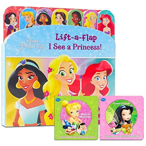 Disney Princess Lift The Flap Board Books for Toddlers - 3 Pc Bundle with 3 Interactive Books for Kids with Hidden Pictures, Disney Fairies Tinkerbell Books and More