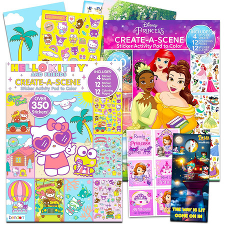 Create a Scene Sticker Book Set - Bundle with 2 Activity Books with 400+ Stickers Featuring Disney Princesses and Hello Kitty Plus Coloring Pages, More | Sticker Activity Book for Girls 6-8