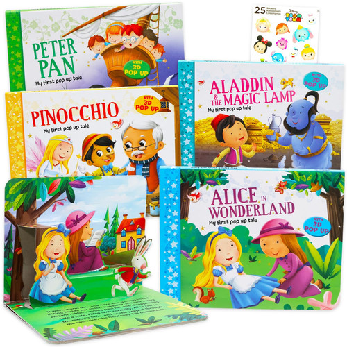 Pop Up Fairy Tales Book Set for Kids - Bundle with 4 Story Books Featuring Pinocchio, Pete Pan, Alice in Wonderland, Aladdin, Stickers | Fairy Tales for Boys, Girls, Toddlers
