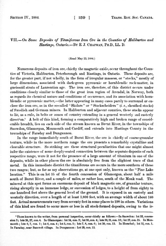 On Some Deposits of Titaniferous Iron Ore in the Counties of Haliburton and Hastings, Ontario