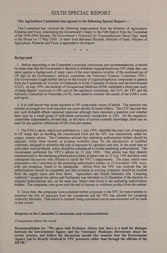Reply by the Government to the fifth report from the Agriculture Committee, session 1999-2000, "The Government's proposals for organophosphate sheep dips"(HC 425)