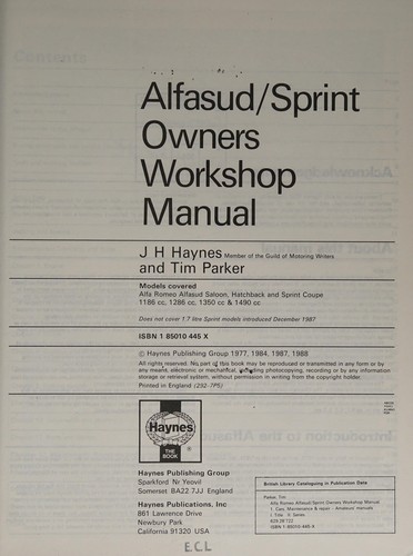 Alfa Romeo Alfasud/Sprint 1974-88 Owner's Workshop Manual