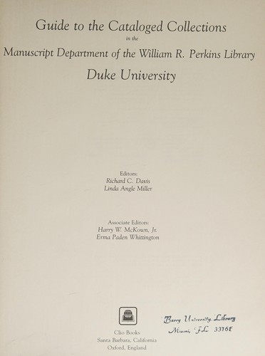 Guide to the Catalogued Collections in the Manuscript Department of the William R. Perkins Library, Duke University