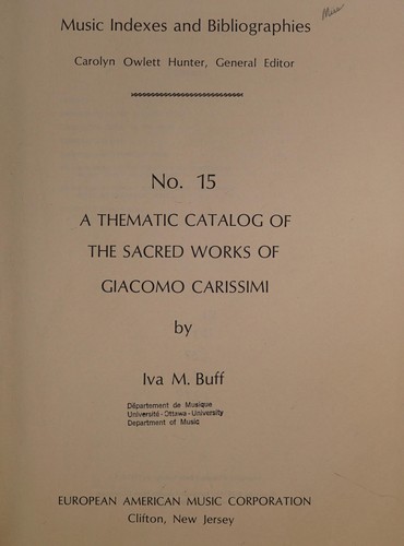 A Thematic Catalog of the Sacred Works of Giacomo Carissimi
