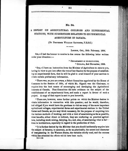 Report on Agricultural Colleges and Experimental Stations with Suggestions Relating to Experimental Agriculture in Canada