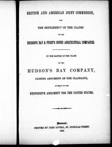 In the Matter of the Claim of the Hudson's Bay Company