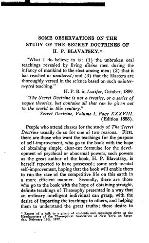 Some Observations on the Study of the Secret Doctrine of H. P. Blavatsky