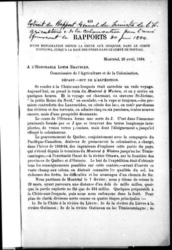 Rapports d'une exploration, depuis la chute aux Iroquois dans le comté d'Ottawa, jusqu'à la baie des Pères dans la comté de Pontiac