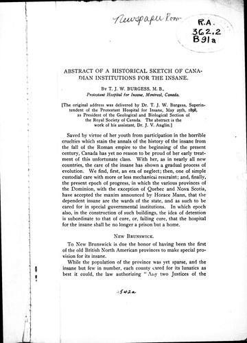 Abstract of a Historical Sketch of Canadian Institutions for the Insane