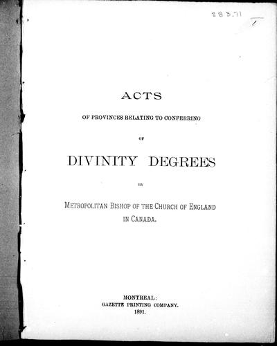 Acts of provinces relating to conferring of divinity degrees by Metropolitan Bishop of the Church of England in Canada