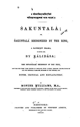 Śakuntalá, or, Śakuntalá recognized by the ring