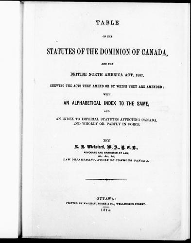 Table of the statutes of the Dominion of Canada and the British North America Act, 1867
