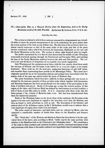 Descriptive note on a general section from the Laurentian axis to the Rocky Mountains north of the 49th parallel
