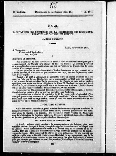 Rapport sur les résultats de la recherche des documents relatifs au Canada en Europe? (l'abbé Verreautl)