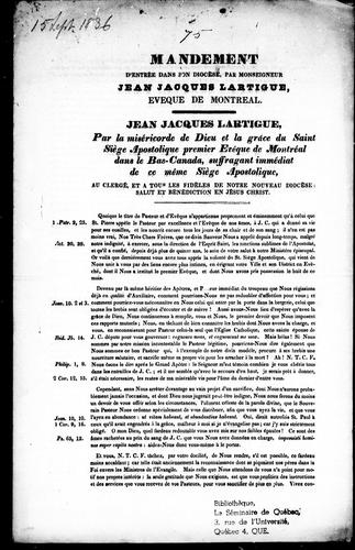 Mandement d'entrée dans son diocèse par Monseigneur Jean-Jacques Lartigue, évêque de Montréal