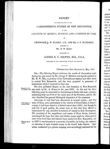 Report of Observations on the Carboniferous System of New Brunswick, in the Counties of Queen's, Sunbury and a Portion of York
