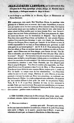 Jean-Jacques Lartigue, par la miséricorde de Dieu et la grâce du St. Siège apostolique premier évêque de Montréal dans le Bas-Canada, et suffragant immédiat du Siège de Rome