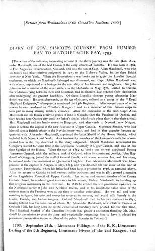 Diary of Gov. Simcoe's journey from Humber Bay to Matchetache Bay, 1793