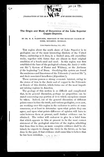 The Origin and Mode of Occurrence of the Lake Superior Copper-Deposits