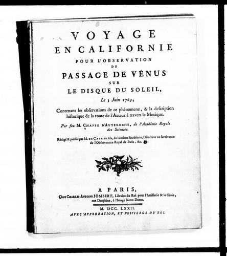 Voyage en Californie pour l'observation du passage de Venus sur le disque du soleil, le 3 juin 1769