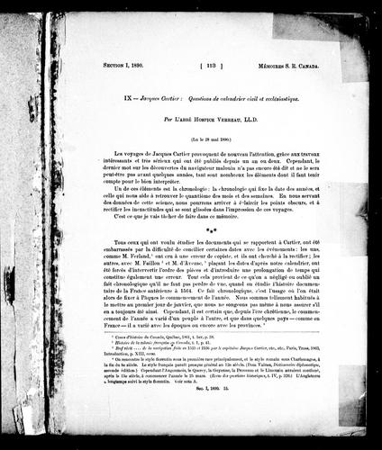 Jacques Cartier questions de calendrier civil et ecclésiastique
