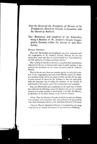 Unto the reverend the Presbytery of Toronto of the Presbyterian Church of Canada in Connection with the Church of Scotland