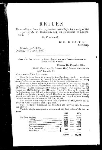 Annual Report of A.C. Buchanan, Esquire, Her Majesty's Chief Agent on the Emigration to Canada, During the Season of 1854