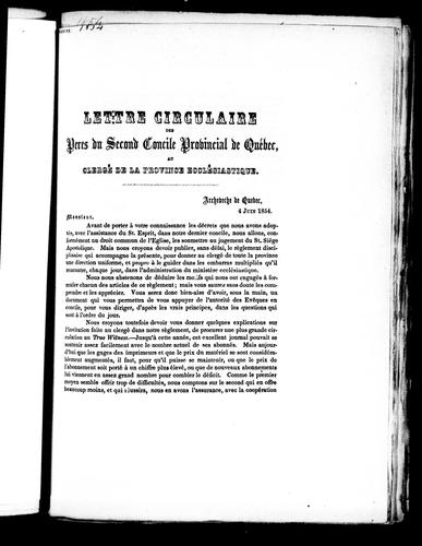 Lettre circulaire des pères du second concile provincial de Québec au clergé de la province ecclésiastique