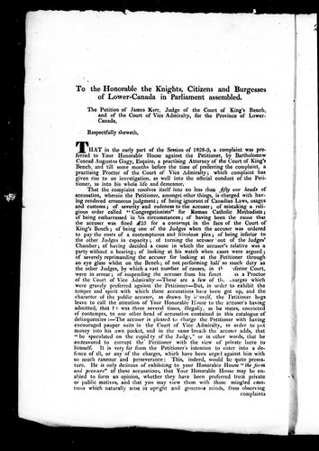To the Honorable the Knights, Citizens and Burgesses of Lower-Canada in Parliament Assembled