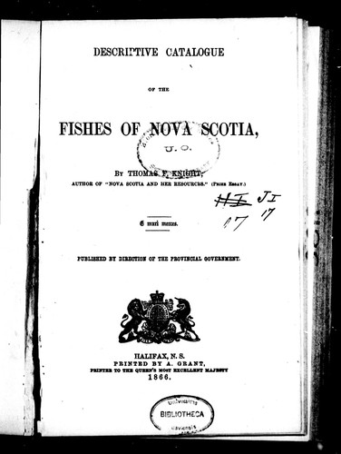 Descriptive Catalogue of the Fishes of Nova Scotia