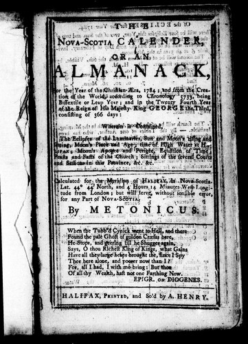 The Nova-Scotia calender, or, An almanack, for the year of the Christian æra, 1784