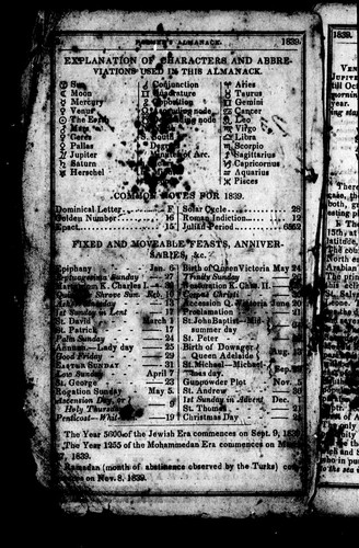 Belcher's Farmer's Almanack for the Year of Our Lord 1839
