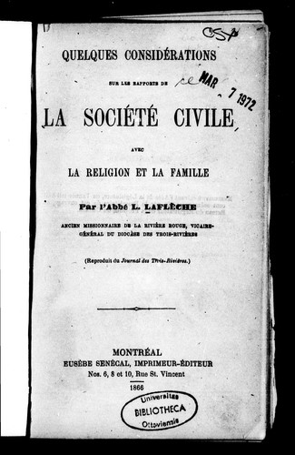 Quelques considérations sur les rapports de la société civile avec la religion et la famille
