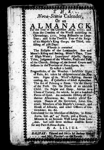 The Nova-Scotia calendar, or, An almanack for the year of the Christian æra, 1772