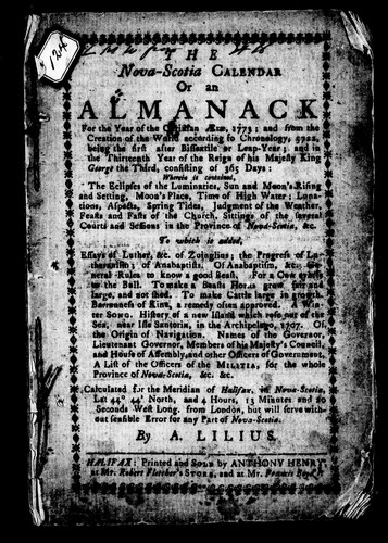 The Nova-Scotia calendar, or, An almanack for the year of the Christian æra, 1773