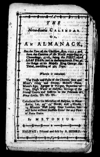 The Nova-Scotia calendar, or, An almanack for the year of the Christian æra, 1777