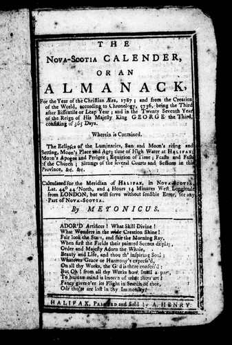 The Nova-Scotia calender, or, An almanack, for the year of the Christian æra, 1787
