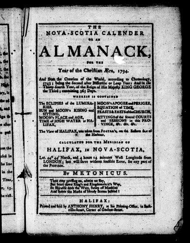 The Nova-Scotia calender, or, An almanack, for the year of the Christian æra, 1794