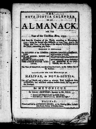 The Nova-Scotia calender, or, An almanack, for the year of the Christian æra, 1795
