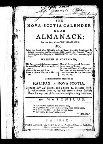 The Nova-Scotia calender, or, An almanack for the year of the Christian æera 1800