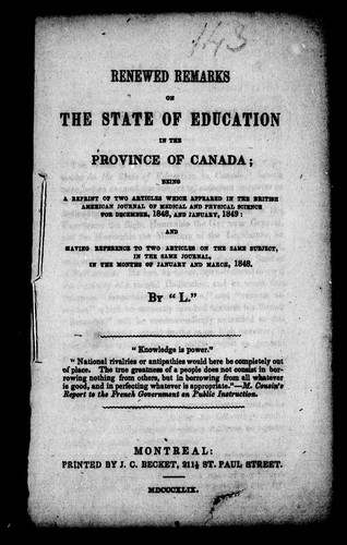 Renewed remarks on the state of education in the province of Canada