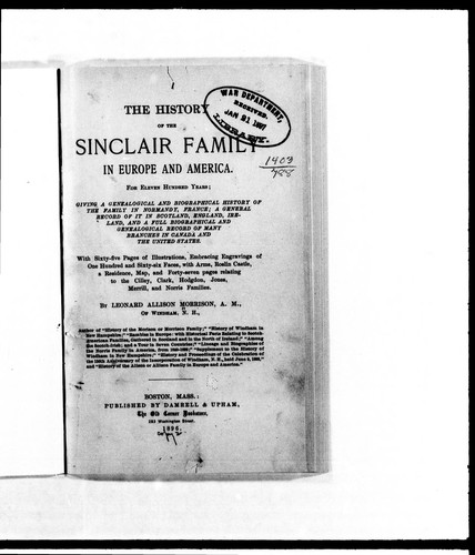 The History of the Sinclair Family in Europe and America for Eleven Hundred Years