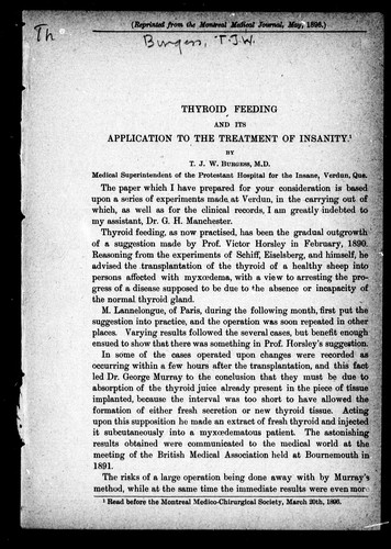Thyroid Feeding and Its Application to the Treatment of Insanity