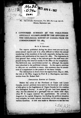 A condensed summary of the field-work annually accomplished by the officers of the Geological Survey of Canada from its commencement to 1865
