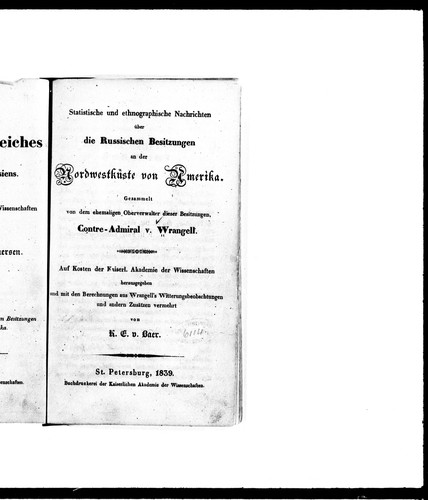 Statistsche und ethnographische Nachrichten über die russichen Besitzungen an der Nordwestküste von Amerika